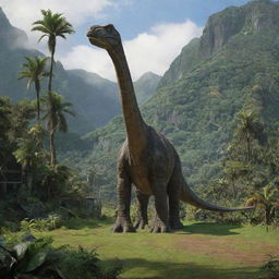 Add to the previous scene a gentle giant Brachiosaurus, making its majestic appearance amidst the lush terrain of Isla Nublar, with Jurassic Park's gates in the background.