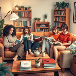 A cozy living room scene depicting five 30-year-old women enjoying their time reading books at home