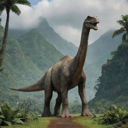 Add to the previous scene a gentle giant Brachiosaurus, making its majestic appearance amidst the lush terrain of Isla Nublar, with Jurassic Park's gates in the background.