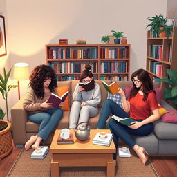 A cozy living room scene depicting five 30-year-old women enjoying their time reading books at home