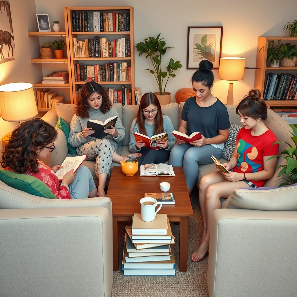 A cozy living room scene depicting five 30-year-old women enjoying their time reading books at home