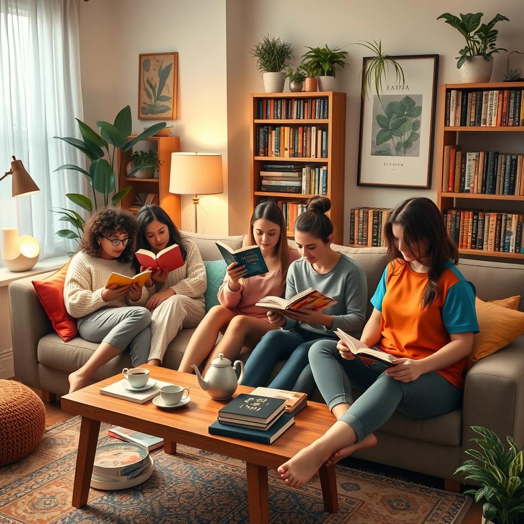 A cozy living room scene depicting five 30-year-old women enjoying their time reading books at home