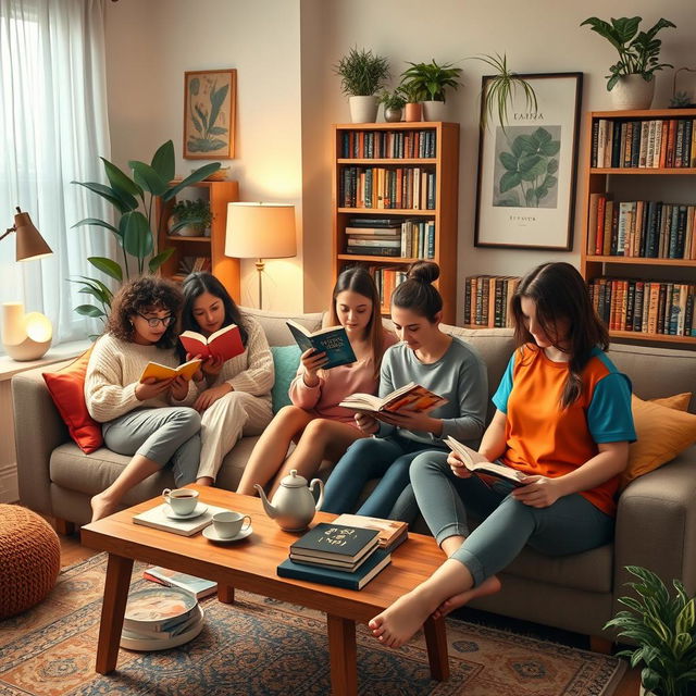 A cozy living room scene depicting five 30-year-old women enjoying their time reading books at home