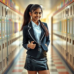 A detailed portrait of a teenage girl of Indian descent, confidently wearing a school uniform complemented by a stylish, tight vinyl mini latex skirt, knee-high socks, and polished shoes