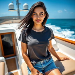 A young Russian woman on a luxurious yacht, wearing a comfortable t-shirt and stylish shorts