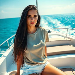 A young Russian woman on a luxurious yacht, wearing a comfortable t-shirt and stylish shorts