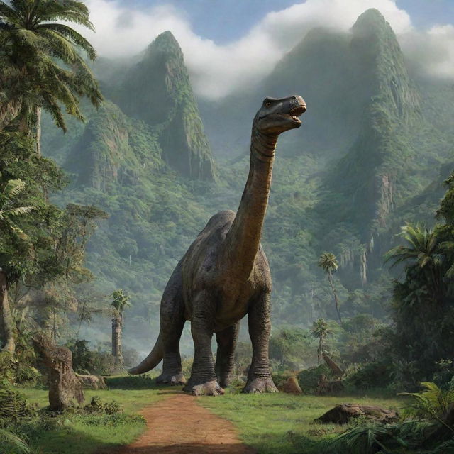 Add to the previous scene a gentle giant Brachiosaurus, making its majestic appearance amidst the lush terrain of Isla Nublar, with Jurassic Park's gates in the background.