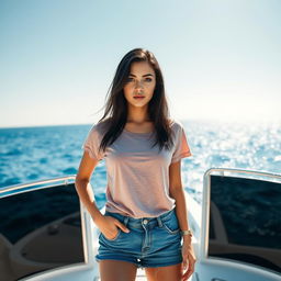 A young Russian woman on a glamorous yacht, wearing a casual t-shirt and stylish shorts