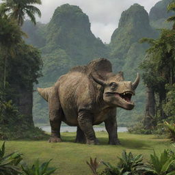 Further enrich the existing image with a magnificent Triceratops making its unexpected entrance into the scene, joining the Brachiosaurus on the verdant landscape of Isla Nublar under Jurassic Park's gates.