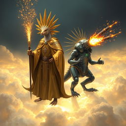 A holy echidna D&D character dressed in exquisite golden robes, radiating an aura of divinity, stands proudly beside a futuristic robotic echidna equipped with advanced technology