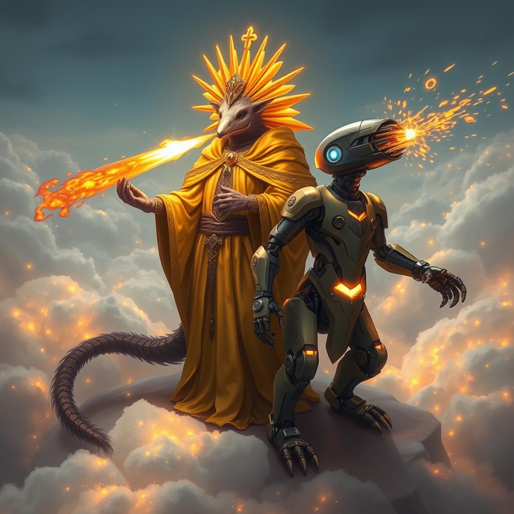 A holy echidna D&D character dressed in exquisite golden robes, radiating an aura of divinity, stands proudly beside a futuristic robotic echidna equipped with advanced technology