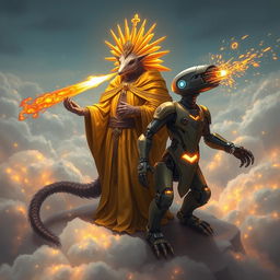 A holy echidna D&D character dressed in exquisite golden robes, radiating an aura of divinity, stands proudly beside a futuristic robotic echidna equipped with advanced technology