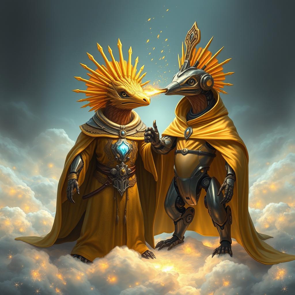 A holy echidna D&D character dressed in exquisite golden robes, radiating an aura of divinity, stands proudly beside a futuristic robotic echidna equipped with advanced technology