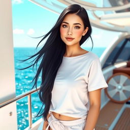 A young Russian woman on a luxurious yacht, wearing a comfortable t-shirt and stylish shorts