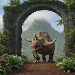 Further enrich the existing image with a magnificent Triceratops making its unexpected entrance into the scene, joining the Brachiosaurus on the verdant landscape of Isla Nublar under Jurassic Park's gates.