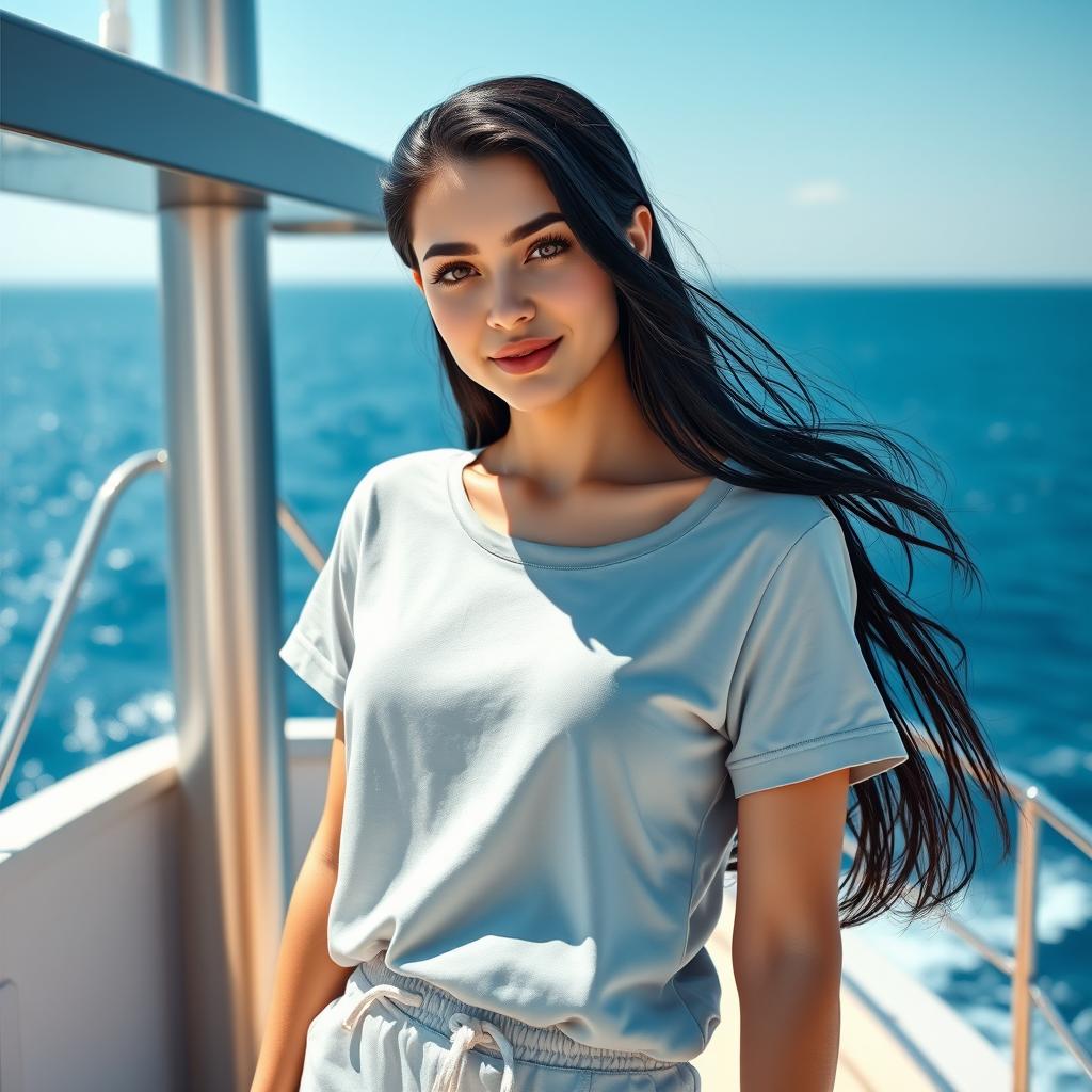 A young Russian woman on a luxurious yacht, wearing a comfortable t-shirt and stylish shorts