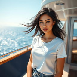 A young Russian woman on a luxurious yacht, wearing a comfortable t-shirt and stylish shorts