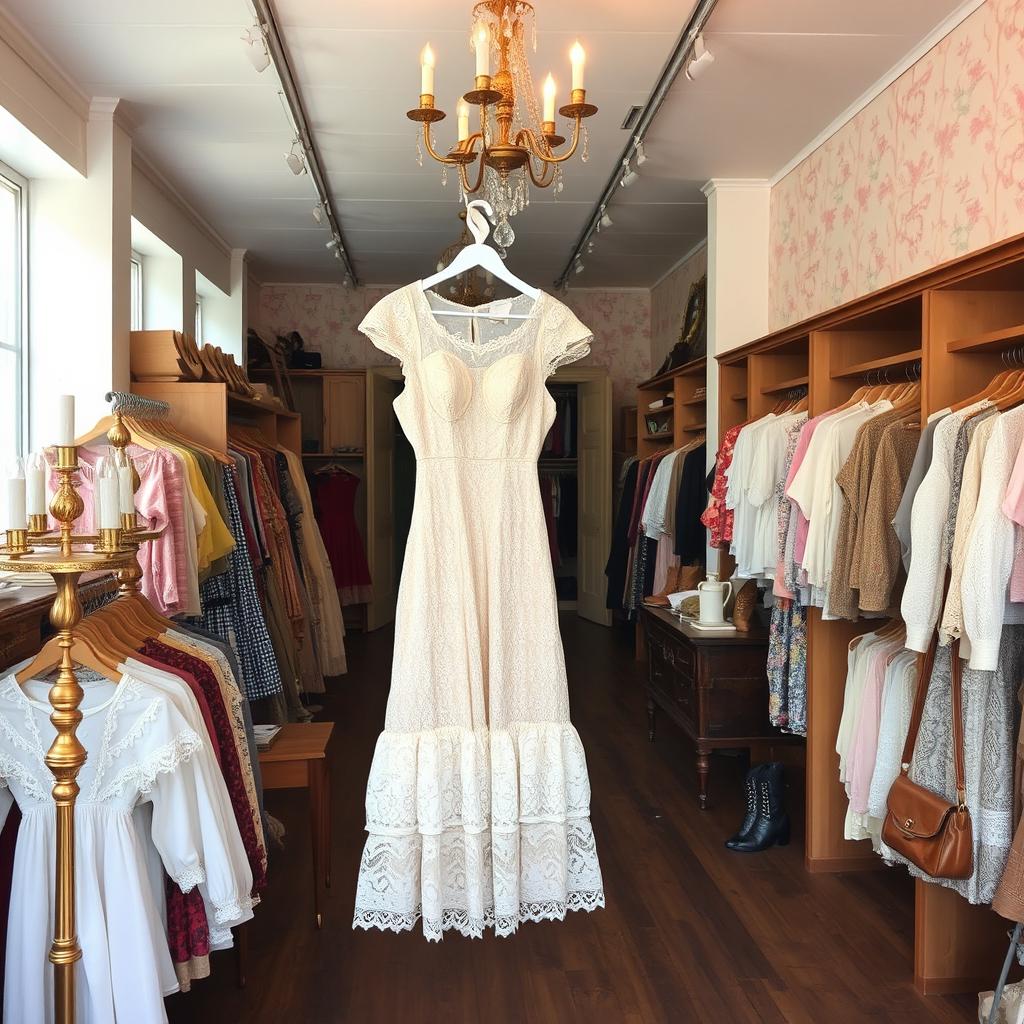 A spacious big vintage thrift store showcasing a delightful collection of clothing