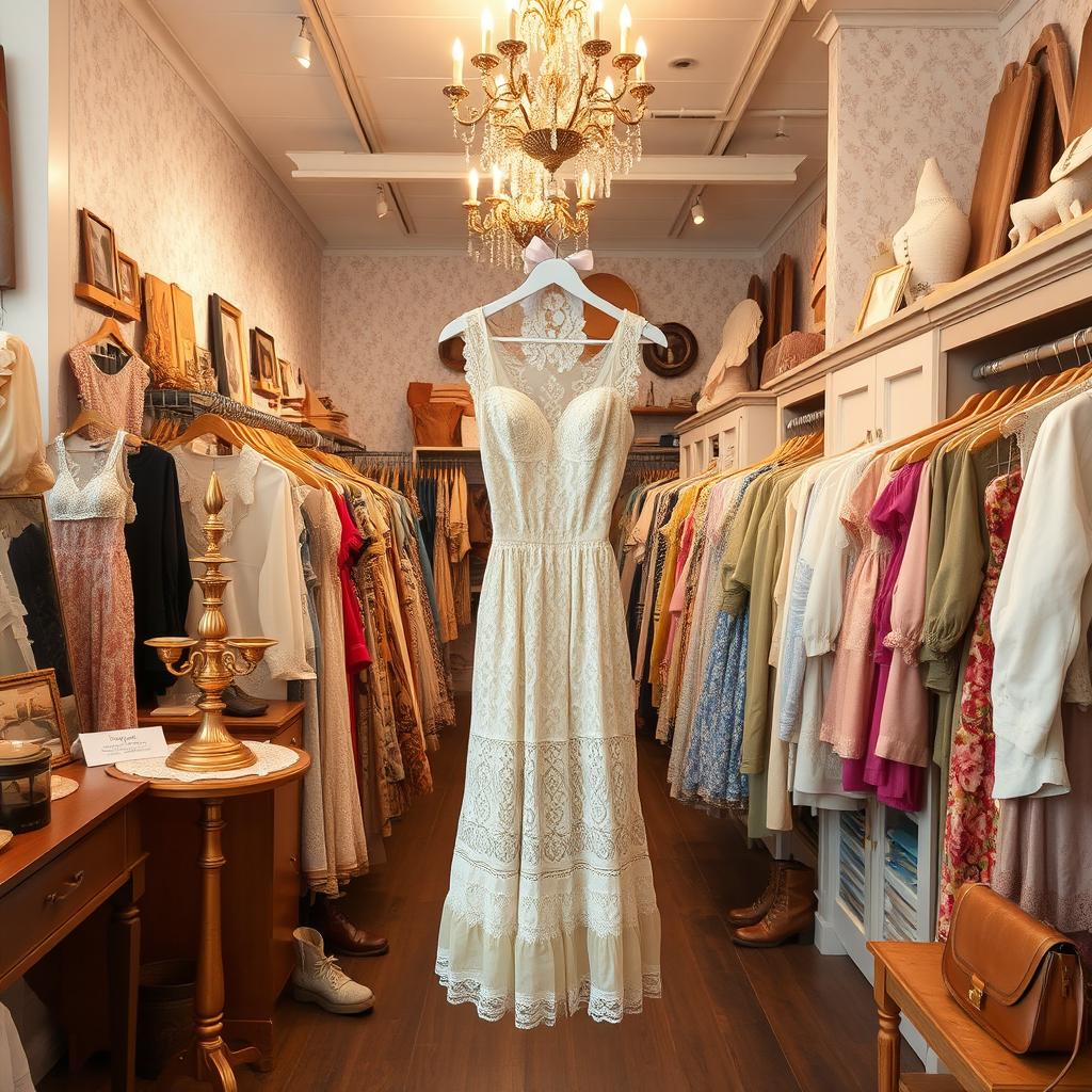 A spacious big vintage thrift store showcasing a delightful collection of clothing