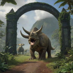 Further enrich the existing image with a magnificent Triceratops making its unexpected entrance into the scene, joining the Brachiosaurus on the verdant landscape of Isla Nublar under Jurassic Park's gates.