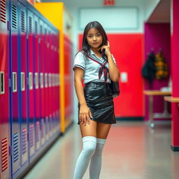 A slim Indian teenage girl in a fashionable school uniform, showcasing her stylish appearance with a fitted vinyl latex mini skirt, knee-high socks, and polished shoes