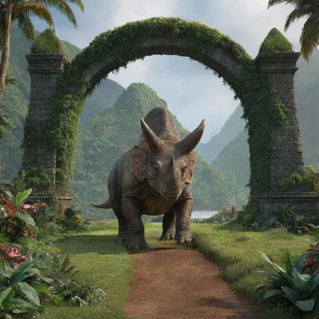 Further enrich the existing image with a magnificent Triceratops making its unexpected entrance into the scene, joining the Brachiosaurus on the verdant landscape of Isla Nublar under Jurassic Park's gates.