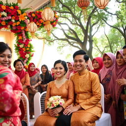 An ornate traditional Indonesian wedding ceremony, showcasing a beautifully decorated venue with colorful flowers and intricate batik fabrics