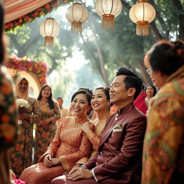 An ornate traditional Indonesian wedding ceremony, showcasing a beautifully decorated venue with colorful flowers and intricate batik fabrics