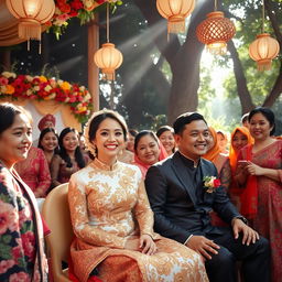 An ornate traditional Indonesian wedding ceremony, showcasing a beautifully decorated venue with colorful flowers and intricate batik fabrics