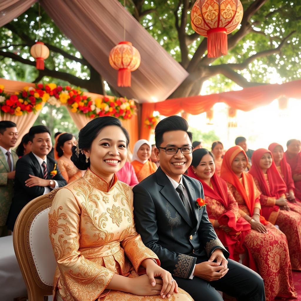 An ornate traditional Indonesian wedding ceremony, showcasing a beautifully decorated venue with colorful flowers and intricate batik fabrics