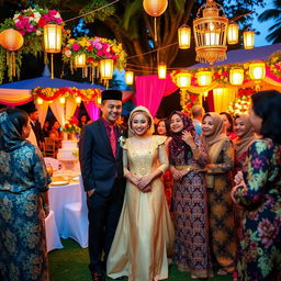 A vibrant Indonesian wedding scene depicting the concept of arranged marriage, featuring a beautifully decorated outdoor reception adorned with traditional floral arrangements and colorful decorations