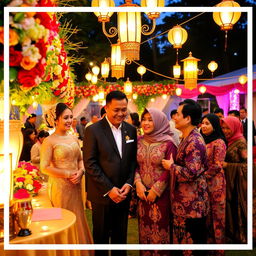 A vibrant Indonesian wedding scene depicting the concept of arranged marriage, featuring a beautifully decorated outdoor reception adorned with traditional floral arrangements and colorful decorations