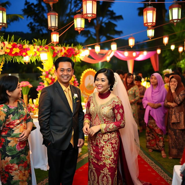 A vibrant Indonesian wedding scene depicting the concept of arranged marriage, featuring a beautifully decorated outdoor reception adorned with traditional floral arrangements and colorful decorations