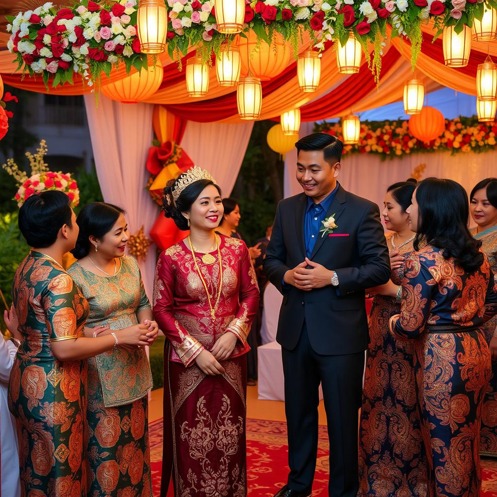 A vibrant Indonesian wedding scene depicting the concept of arranged marriage, featuring a beautifully decorated outdoor reception adorned with traditional floral arrangements and colorful decorations