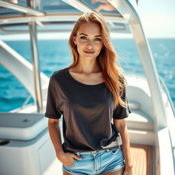 A young Russian woman on a luxurious yacht, dressed in a casual t-shirt and stylish shorts