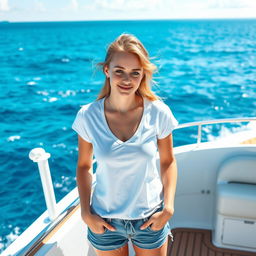 A young Russian woman on a luxurious yacht, dressed in a casual t-shirt and stylish shorts