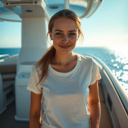 A young Russian woman on a luxurious yacht, dressed in a casual t-shirt and shorts, showcasing her fair, white skin