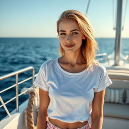 A young Russian woman on a luxurious yacht, dressed in a casual t-shirt and shorts, showcasing her fair, white skin