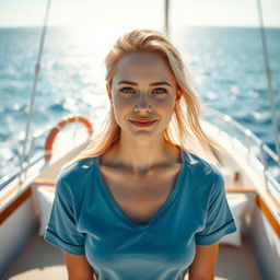 A young Russian woman on a luxurious yacht, dressed in a casual t-shirt and shorts, showcasing her fair, white skin