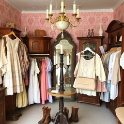 A cozy vintage thrift store showcasing an array of vintage clothes, including a delicate Victorian lace dress and charming pastel-colored coquette tops and blouses