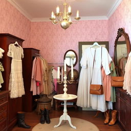 A cozy vintage thrift store showcasing an array of vintage clothes, including a delicate Victorian lace dress and charming pastel-colored coquette tops and blouses