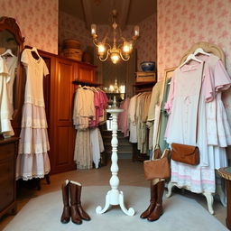 A cozy vintage thrift store showcasing an array of vintage clothes, including a delicate Victorian lace dress and charming pastel-colored coquette tops and blouses