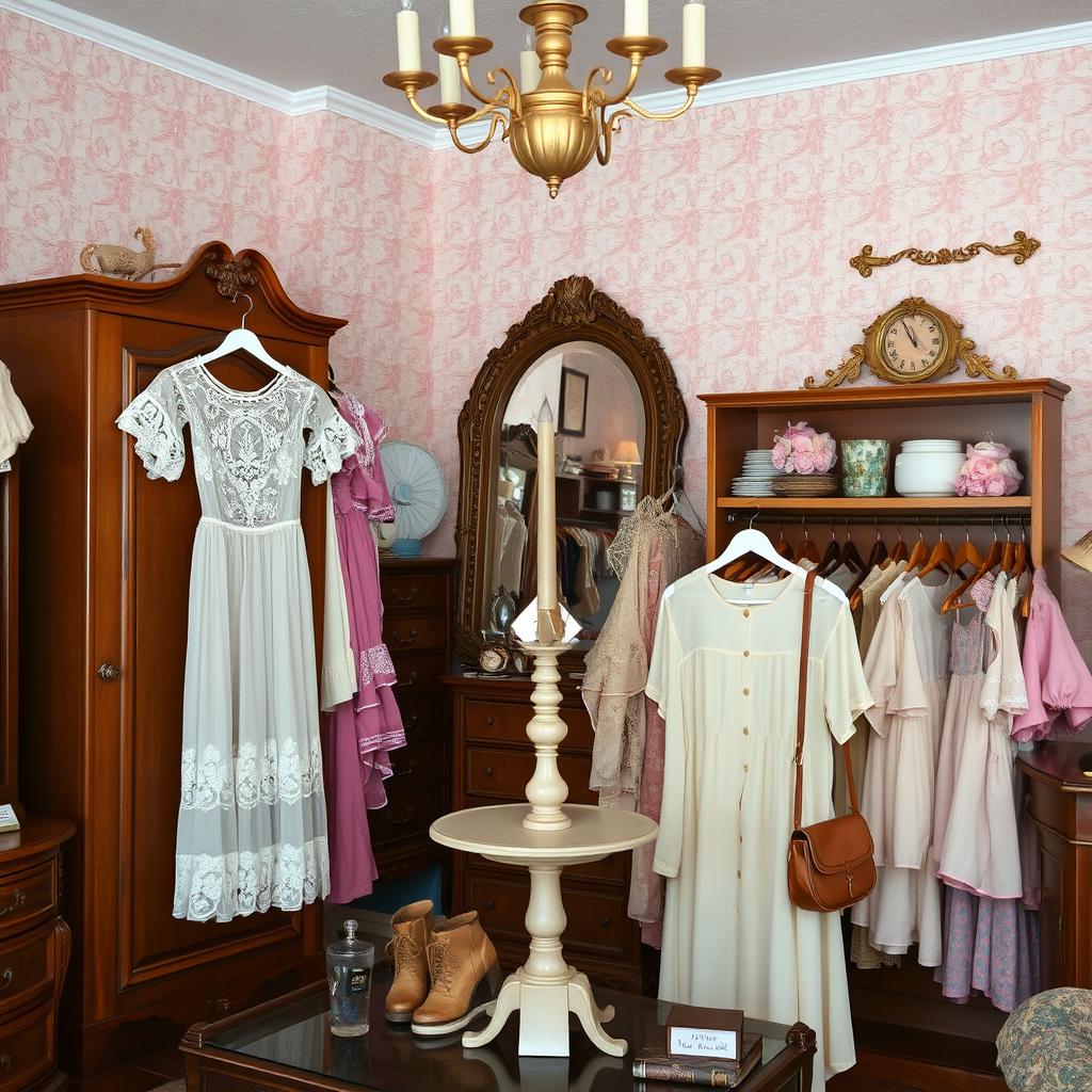 A cozy vintage thrift store showcasing an array of vintage clothes, including a delicate Victorian lace dress and charming pastel-colored coquette tops and blouses