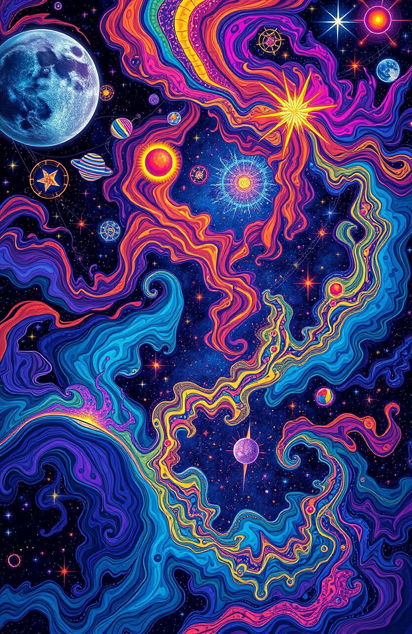 A cosmic journey visualized through psychedelic art, featuring swirls of vibrant neon colors intermingled with deep dark hues