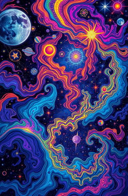 A cosmic journey visualized through psychedelic art, featuring swirls of vibrant neon colors intermingled with deep dark hues