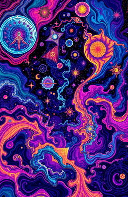 A cosmic journey visualized through psychedelic art, featuring swirls of vibrant neon colors intermingled with deep dark hues