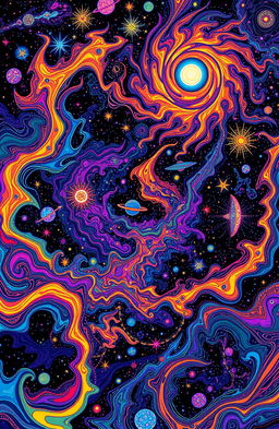 A cosmic journey visualized through psychedelic art, featuring swirls of vibrant neon colors intermingled with deep dark hues