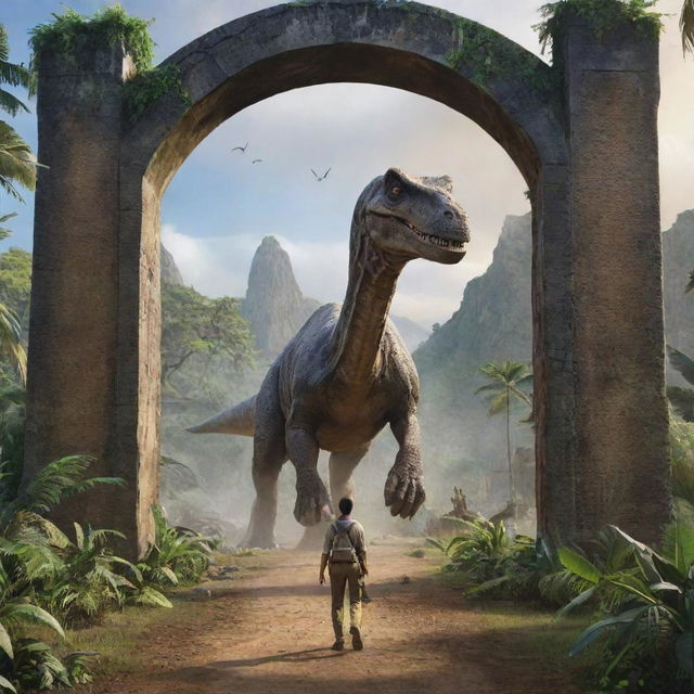 Add an adventurous human figure emerging onto the scene - a symbol of surprise and curiosity, entering the Jurassic landscape where the Brachiosaurus and Triceratops roam freely under the gates of Isla Nublar.