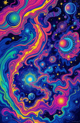 A cosmic journey visualized through psychedelic art, featuring swirls of vibrant neon colors intermingled with deep dark hues