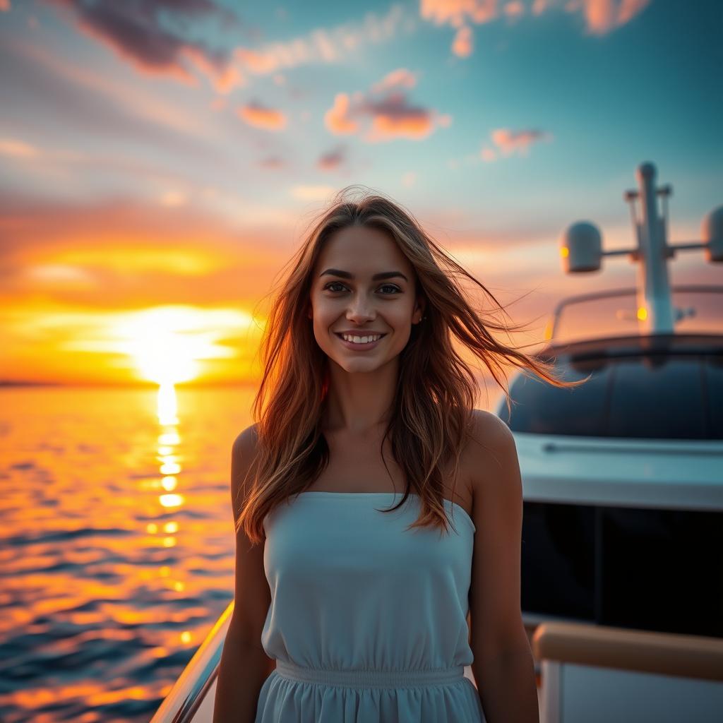 A young European woman standing on a luxurious yacht during a stunning sunset